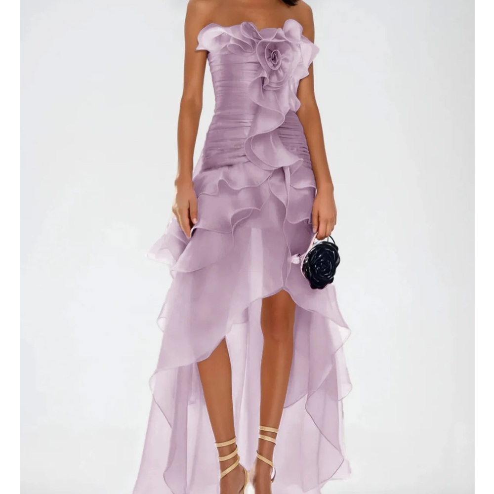 Strapless Lavender High-Low Ruffle Evening Dress
